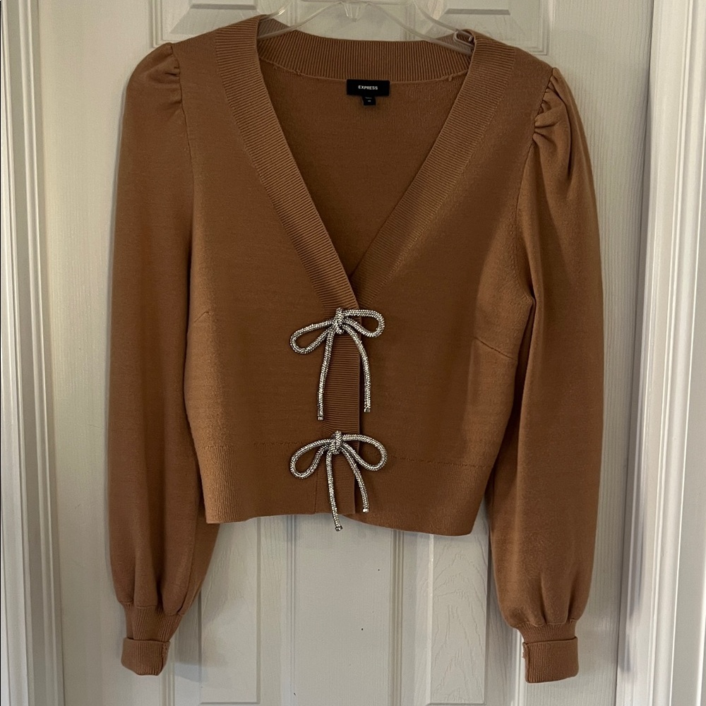 Tan Cardigan with Embellished Bows